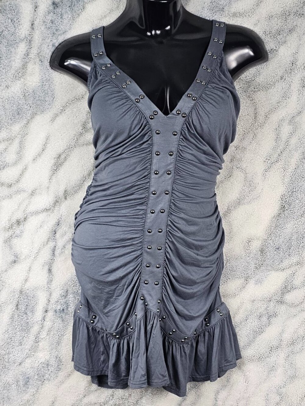 Generation Kiss XXL Gray Blue Edgy Ruched Studded Mini Dress Plunge Ruffle Hem
